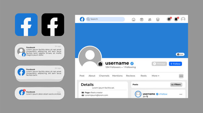 Facebook social network community layout and profile design mockups, modern mobile and desktop UI screens, networking templates