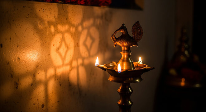 Traditional Indian brass deepam glowing warmly with multiple lit wicks.