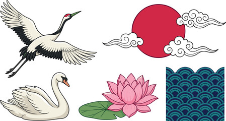 Naklejka premium Japanese Crane, Lotus, and Wave Elements Illustration Featuring Clouds, Swan