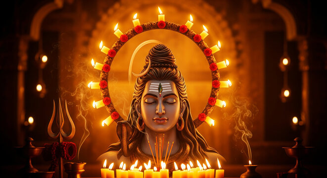 Lord Shiva in deep meditation illuminated by a radiant halo of devotional lights.