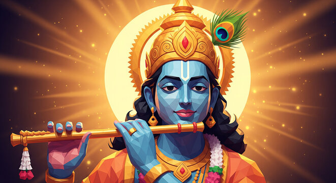Lord Krishna the divine flutist adorned with a peacock feather crown.