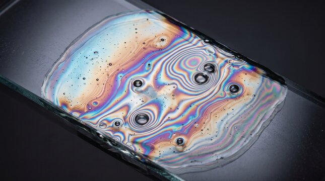 Iridescent liquid film texture with rainbow spectrum oil patterns on glass surface macro backdrop
