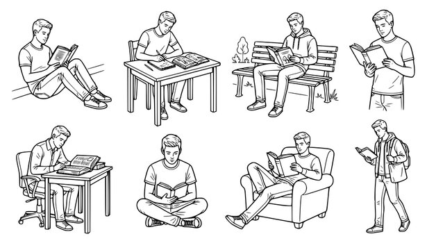 Young Male Reader Black Outline Vector Collection with Novel, Textbook, Desk, Bench, Armchair, Floor and Standing Reading Poses