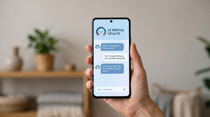 Fototapeta premium AI Mental Health Chatbot and Digital Wellness Support App on Smartphone.