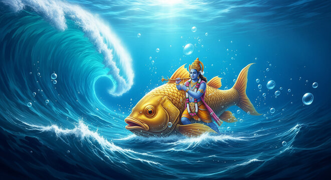 Mythological deity riding a colossal golden fish.