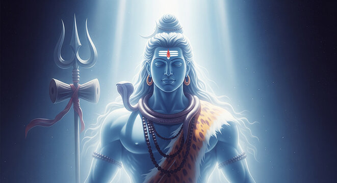 Majestic Lord Shiva radiating divine light with his sacred trident.