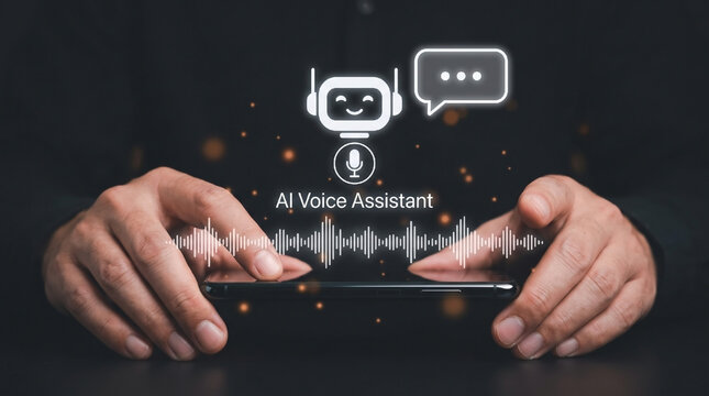 AI voice assistant chatbot with microphone and sound wave interface on smartphone, artificial intelligence speech recognition and virtual communication technology concept.
