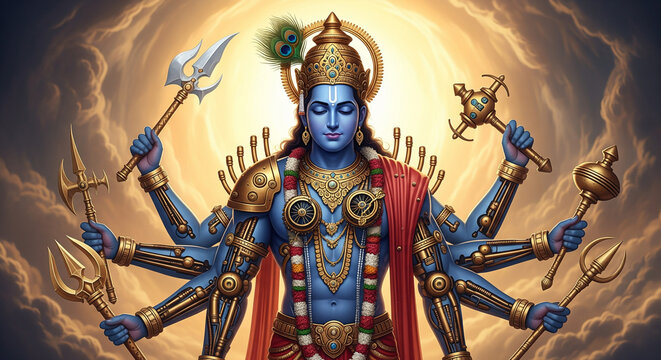 Multi-armed blue-skinned Hindu deity holding various divine weapons.