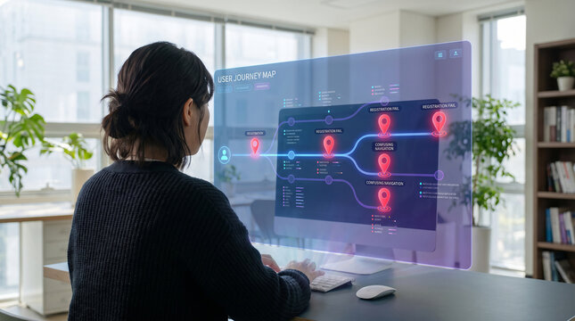Woman professional engaging in remote work using a futuristic transparent hologram display screen to analyze complex digital data network nodes and business workflow in modern office room.