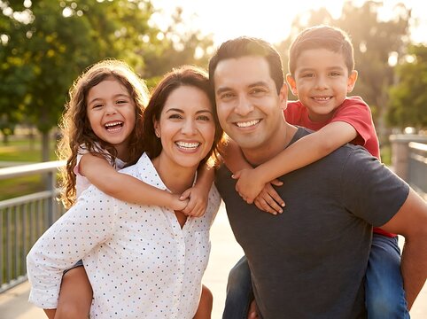 Happy hispanic family piggybacking in a sunny park
