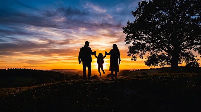 Silhouette of family holding hands at sunset