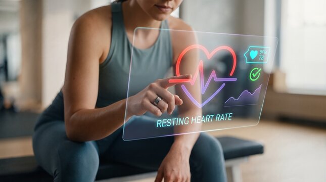 Athletic Woman Using Futuristic Holographic Interface and Smart Ring to Monitor Resting Heart Rate