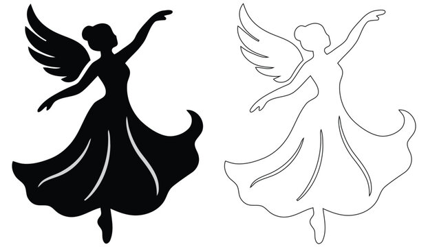 Graceful fairy dancing with wings and flowing dress vector illustration template