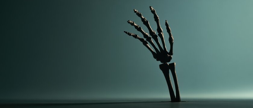 Dark eerie human skeletal hand rising from surface isolated on gradient background horror and mystery concept