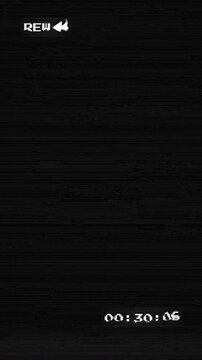 VHS REW overlay with retro VCR interface vertical, static noise and scanlines, analog glitch distortion. on black background.  4K video resolution 