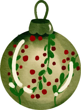 Watercolor Christmas ornament with holly and berries