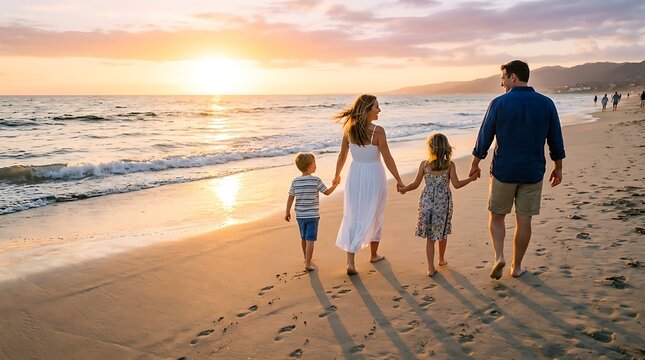 Happy family walking along the beach at sunset