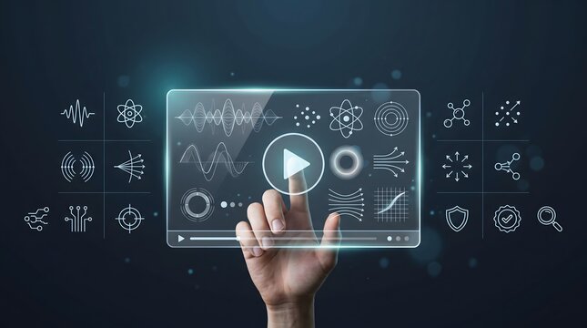 Hand touching transparent digital video interface with science icons