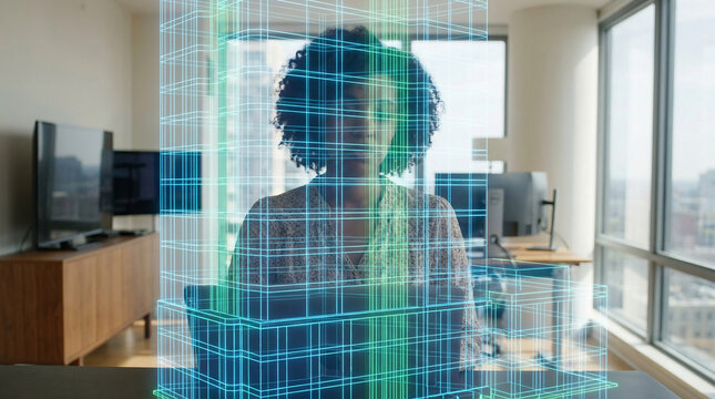 futuristic hologram projection of a woman engaged in remote work meeting inside modern home office background using digital grid telepresence metaverse virtual connection technology.