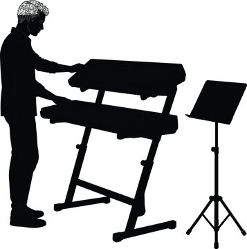 Male Musician Silhouette Playing Double Keyboard Synthesizer On Stand Next To Sheet Music Stand Isolated On White Background