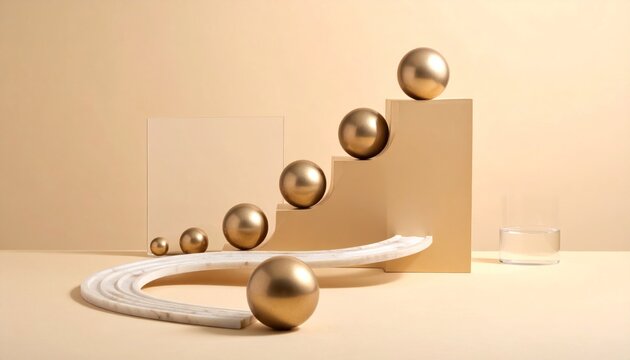 Golden spheres on spiral marble path near tan podium.
