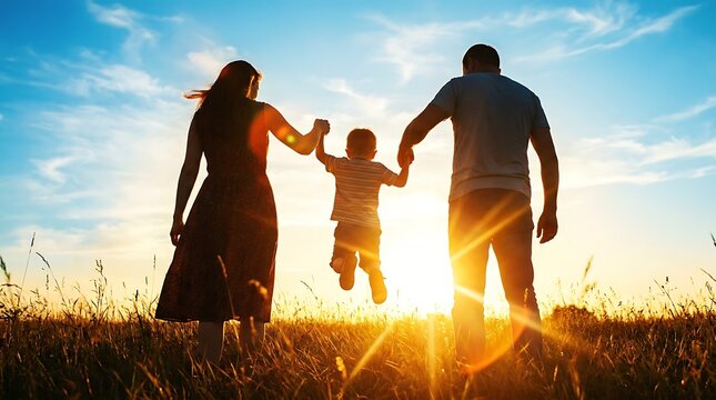 Silhouette of a happy family holding hands in a field at sunset