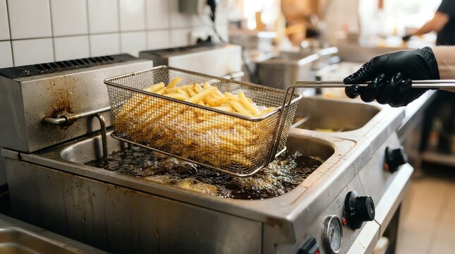 Chef Frying Crispy French Fries in Hot Oil Deep Fryer at Commercial Kitchen