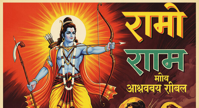 Lord Rama a revered Hindu deity holding bow and arrow.