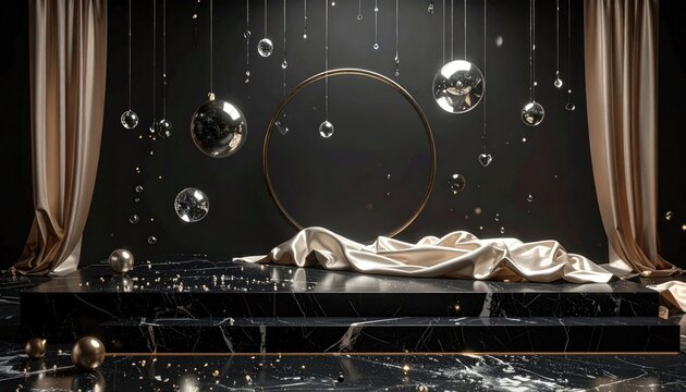 Luxury marble stage with gold accents and ornaments.