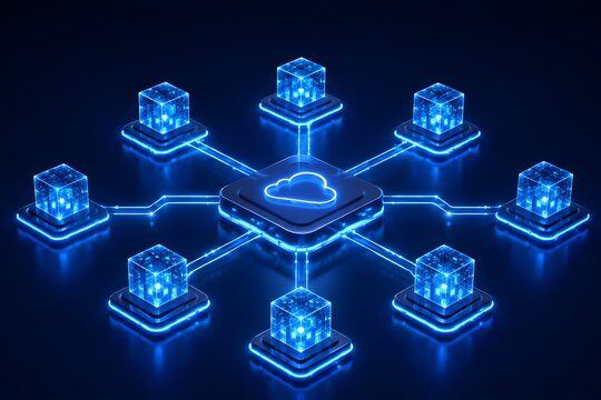 Glowing digital cloud connecting to network processor cubes representing global computing infrastructure and server synchronization