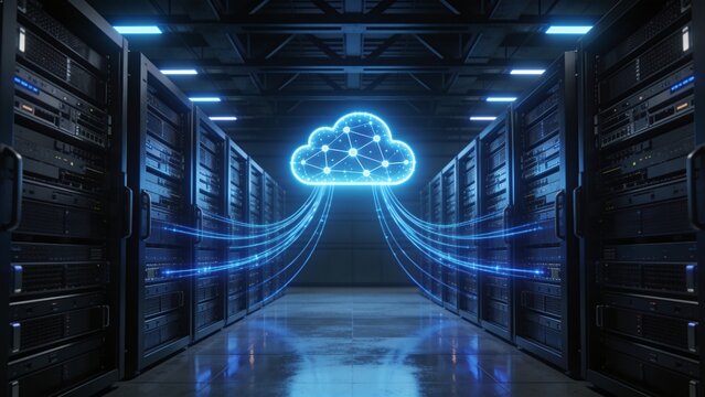 Futuristic Cloud Computing Data Center With Symmetrical Server Racks and Digital Network Connections in Blue Technology Environment
