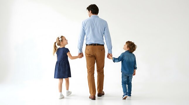 Father holding hands with his young son and daughter