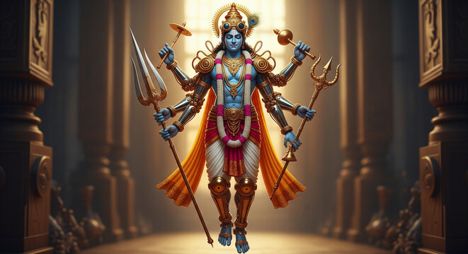 Powerful multi-armed Hindu deity figure with divine weapons and glowing aura.
