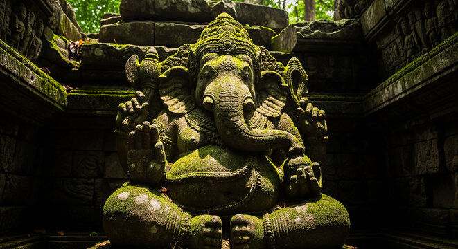 Ancient moss-covered stone Ganesha statue depicting the revered Hindu deity.