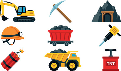 Fototapeta premium Coal mining industry flat vector icon set featuring yellow excavator, mine entrance tunnel, dump truck, pickaxe, and dynamite TNT explosives.