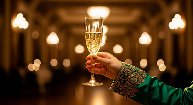 Elegant hand holding a sparkling champagne flute ready for a toast.