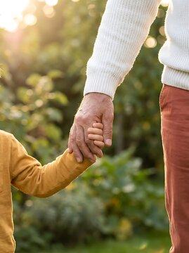 Elderly man holding hands with a young child