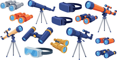 Fototapeta premium Optical devices vector icon collection featuring telescopes binoculars spyglass and virtual reality goggles isolated on white background