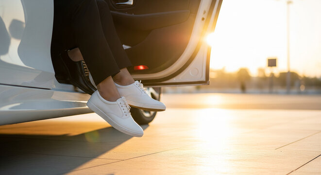 Persons feet in white sneakers stepping out of a car door.