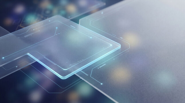 Futuristic glass interface panel with glowing digital circuit lines