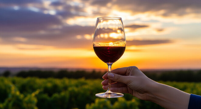 Hand gently holding a stemmed glass filled with rich red wine.