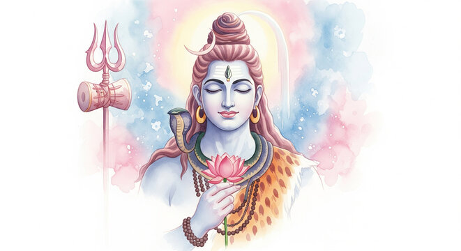 Lord Shiva Meditating with Lotus Flower and Trishul in Watercolor Style.