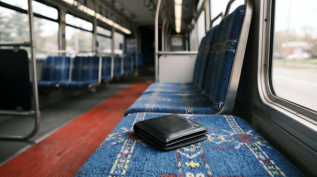 A black leather wallet left behind on a blue patterned seat inside an empty public transit bus