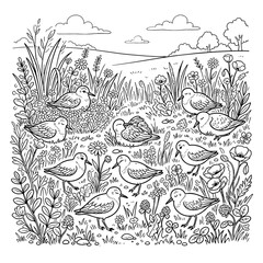Fototapeta premium Birds in Flower Meadow Coloring Page Line Art