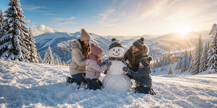 Happy Family Building a Snowman in Winter Mountains
