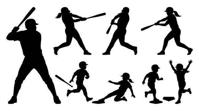 Set of black baseball player silhouettes in various action poses, batting, running, sliding and celebrating, sports team competition dynamics