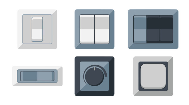 Set of electrical wall switches and dimmers in flat style, including toggle, rocker, and rotary controls for home automation and power regulation