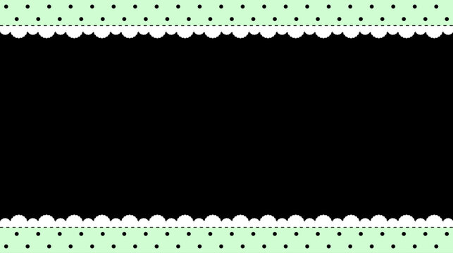 Pastel green polka dot background with solid black center frame and white scalloped lace border