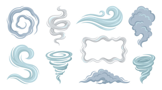 Set of steam smoke and tornado vortex clouds, swirling wind gusts, weather atmosphere effects, motion trail elements, flat vector illustration
