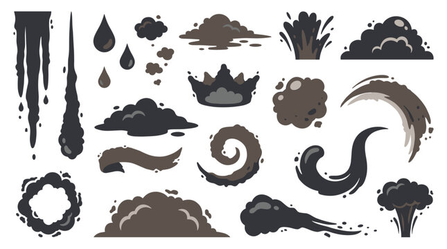 Set of dark smoke and liquid splash shapes for game development, explosions, spills, and magical effects, weather patterns, atmospheric elements
